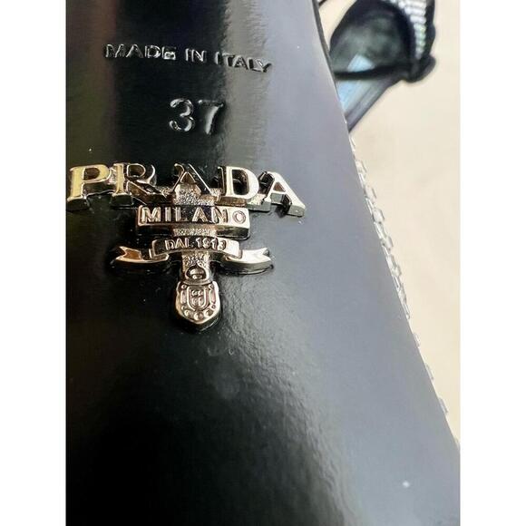 Prada Black Platform Rhinestone Block Heel Open Toe Ankle Strap Heels EU 37 FLAW - Picture 10 of 11